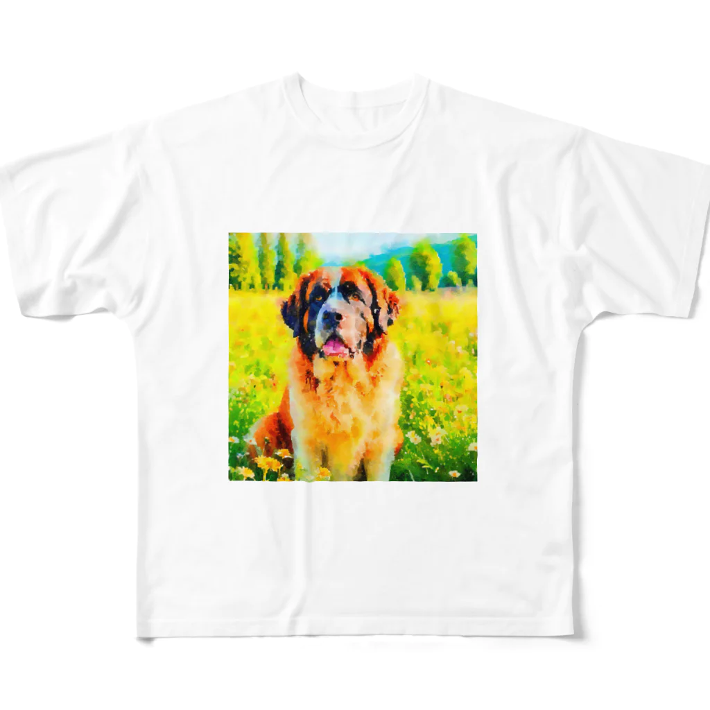 犬好きのしましまの水彩画の犬 花畑のセントバーナードのイラスト All-Over Print T-Shirt