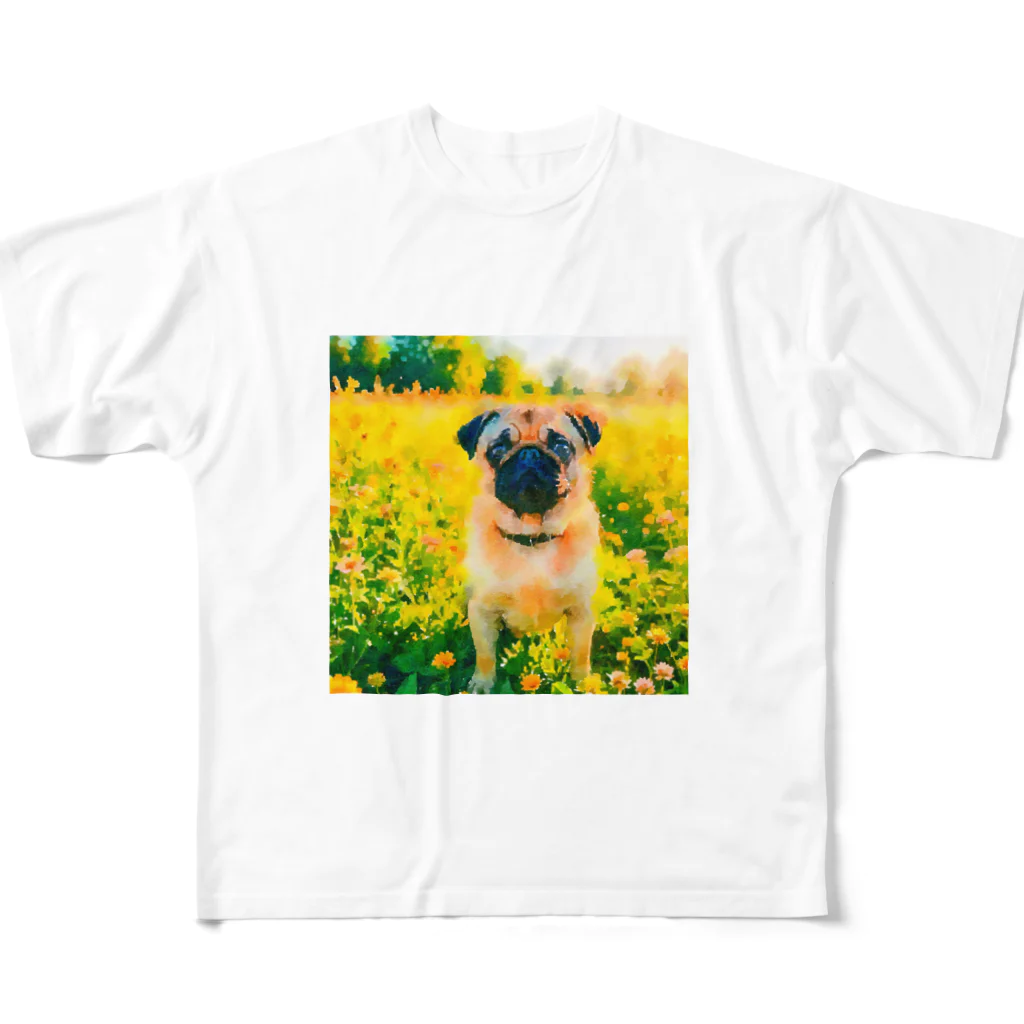 犬好きのしましまの水彩画の犬 花畑のパグのイラスト フルグラフィックTシャツ