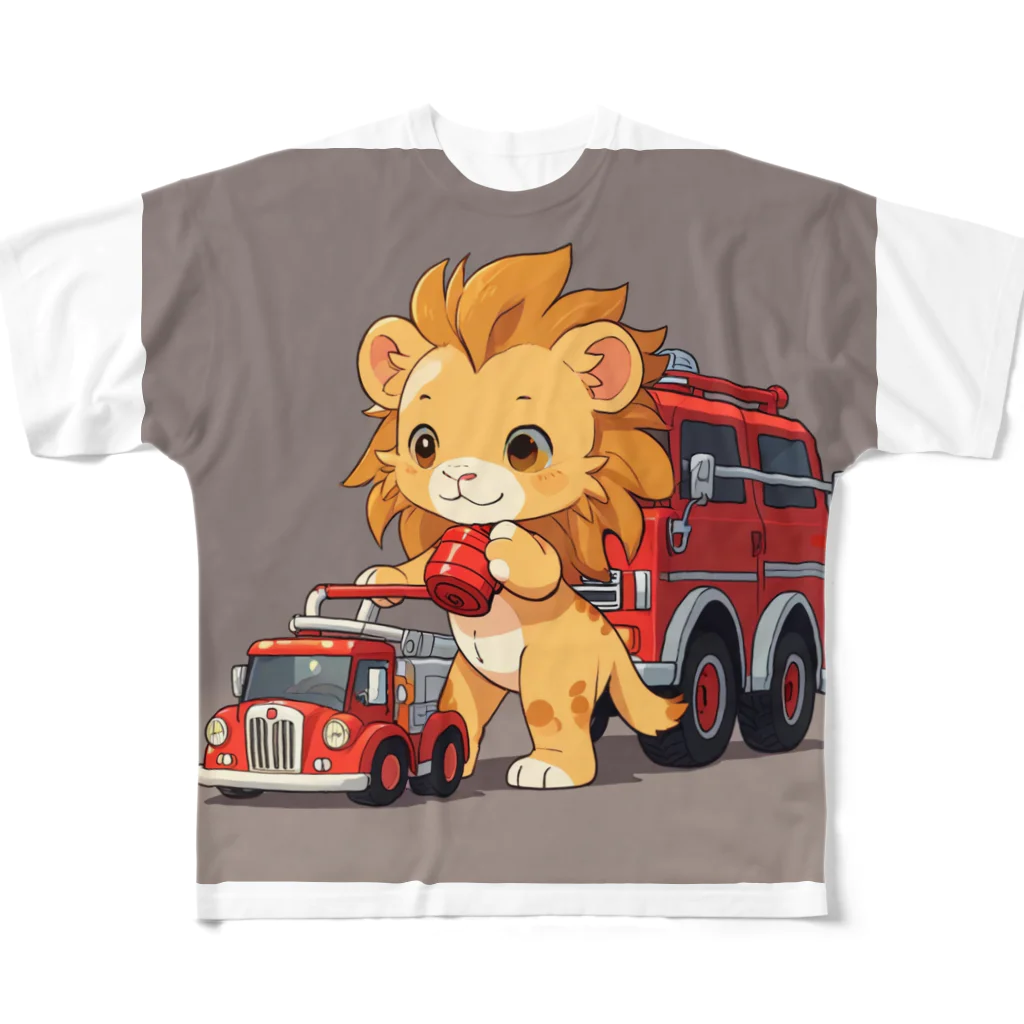 ganeshaの可愛いライオンとおもちゃの消防車 All-Over Print T-Shirt
