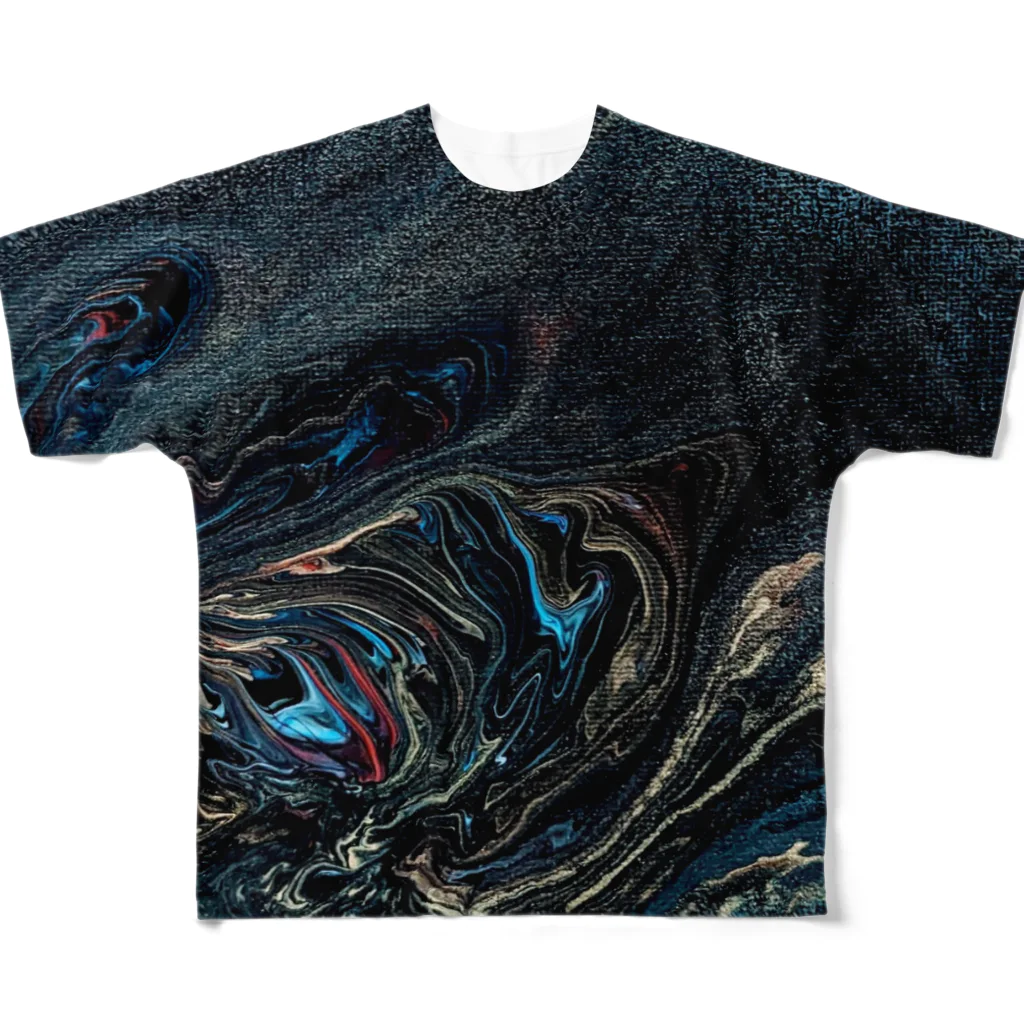 夜のアトリエのフルイドアートグッズ　夜の大海と夜の巨龍 All-Over Print T-Shirt