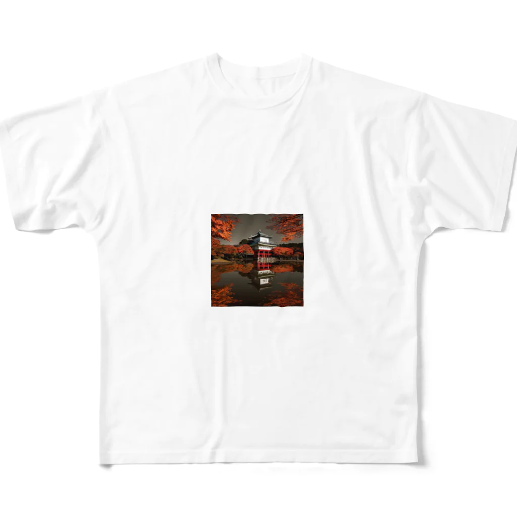 yohiti193の池に映る日本の歴史的建造物と紅葉 All-Over Print T-Shirt