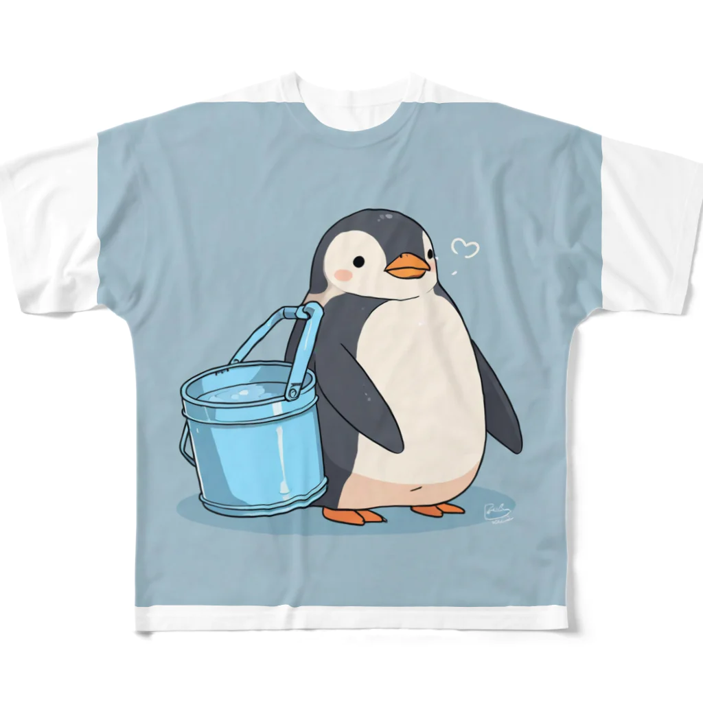 ganeshaのかわいいペンギンとおもちゃのバケツ フルグラフィックTシャツ