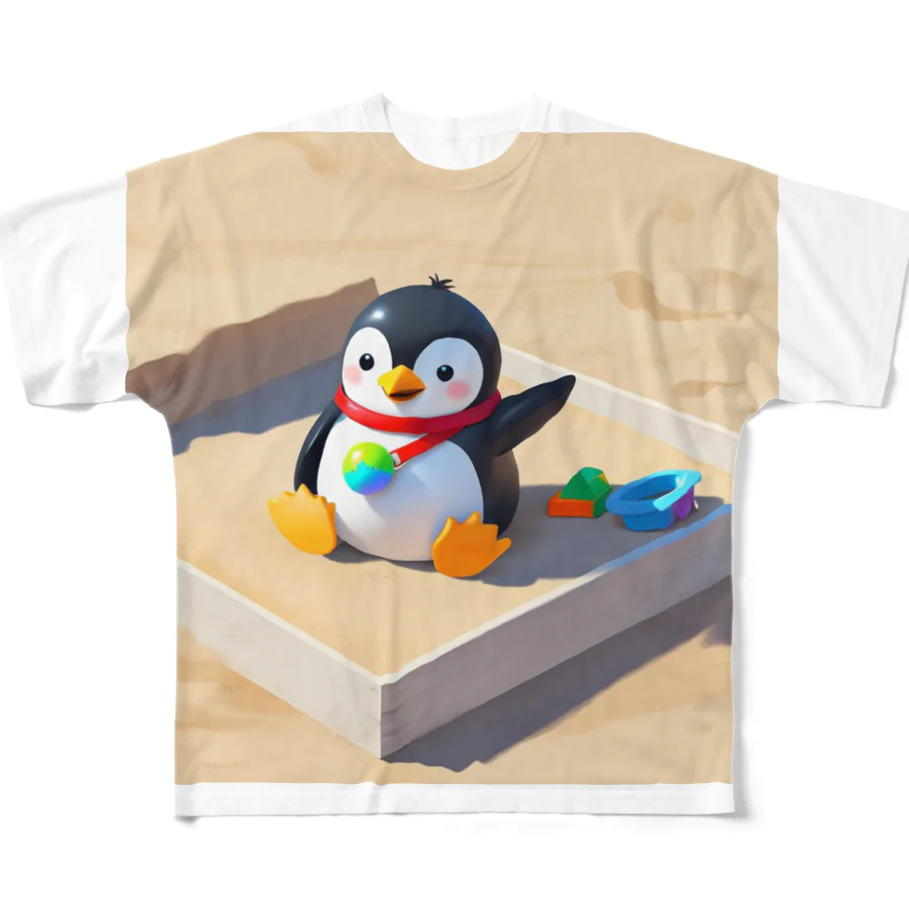 ganeshaのかわいいペンギンとおもちゃのサンドボックス フルグラフィックTシャツ