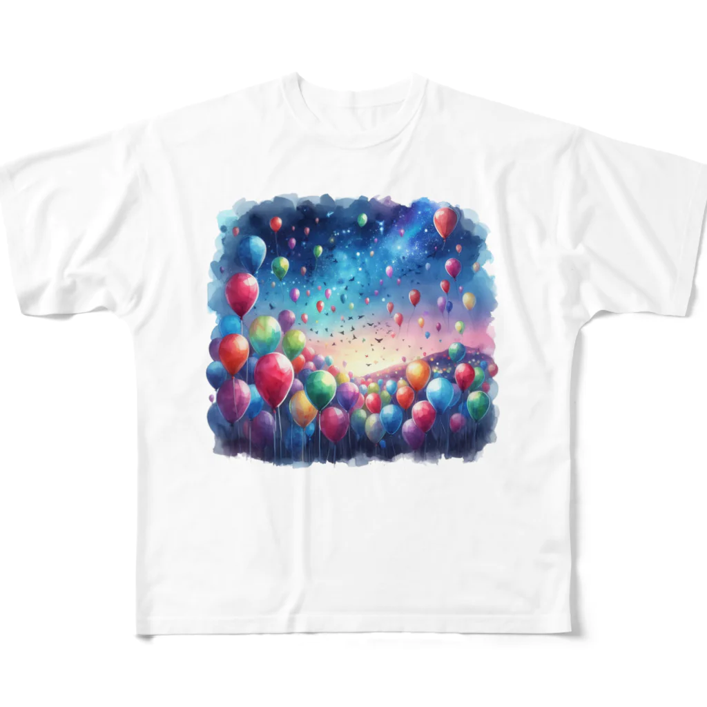 momonekokoのカラフルな風船が浮かぶ風景 All-Over Print T-Shirt