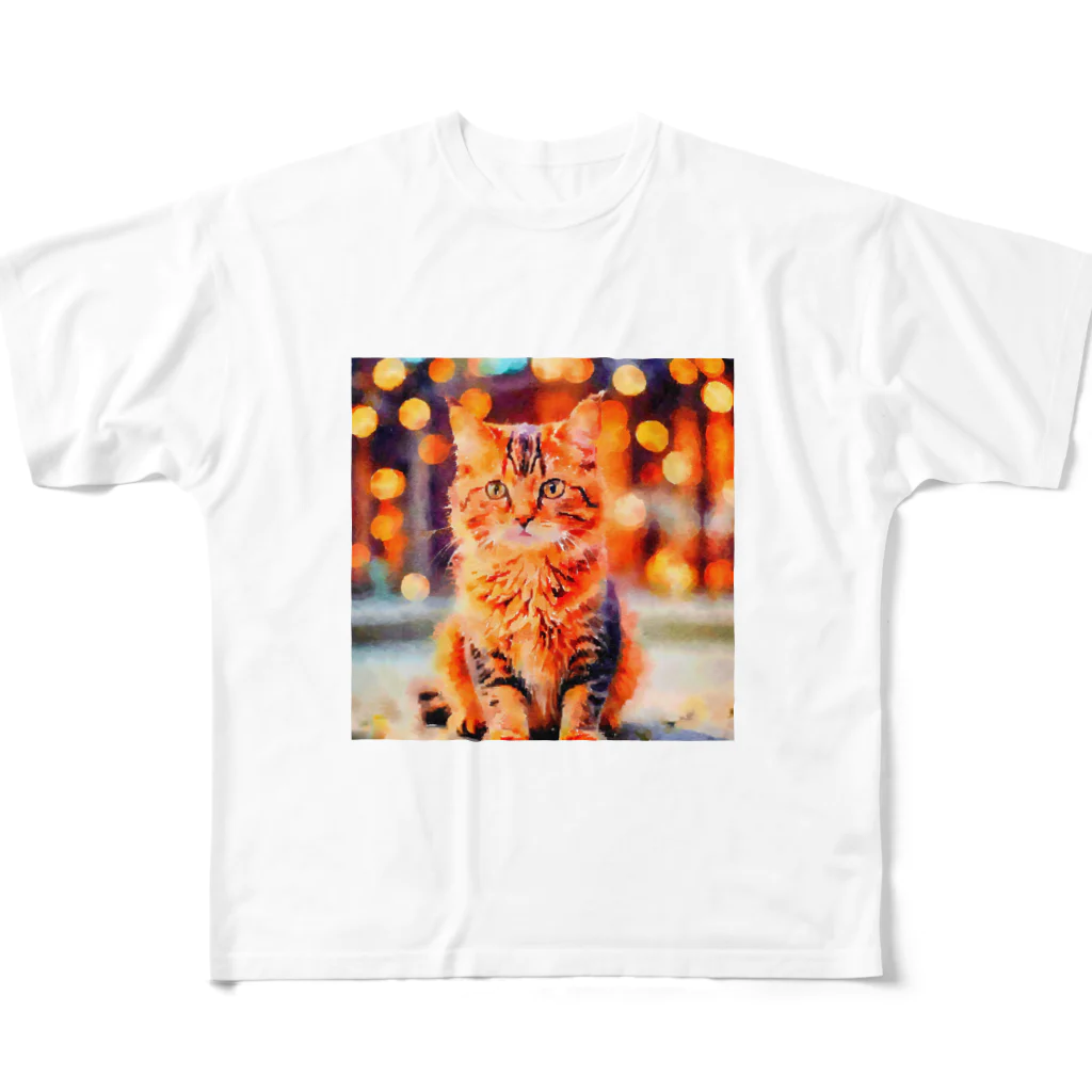 猫好きの谷の猫の水彩画/キジトラねこのイラスト/ブラウンタビーネコ フルグラフィックTシャツ