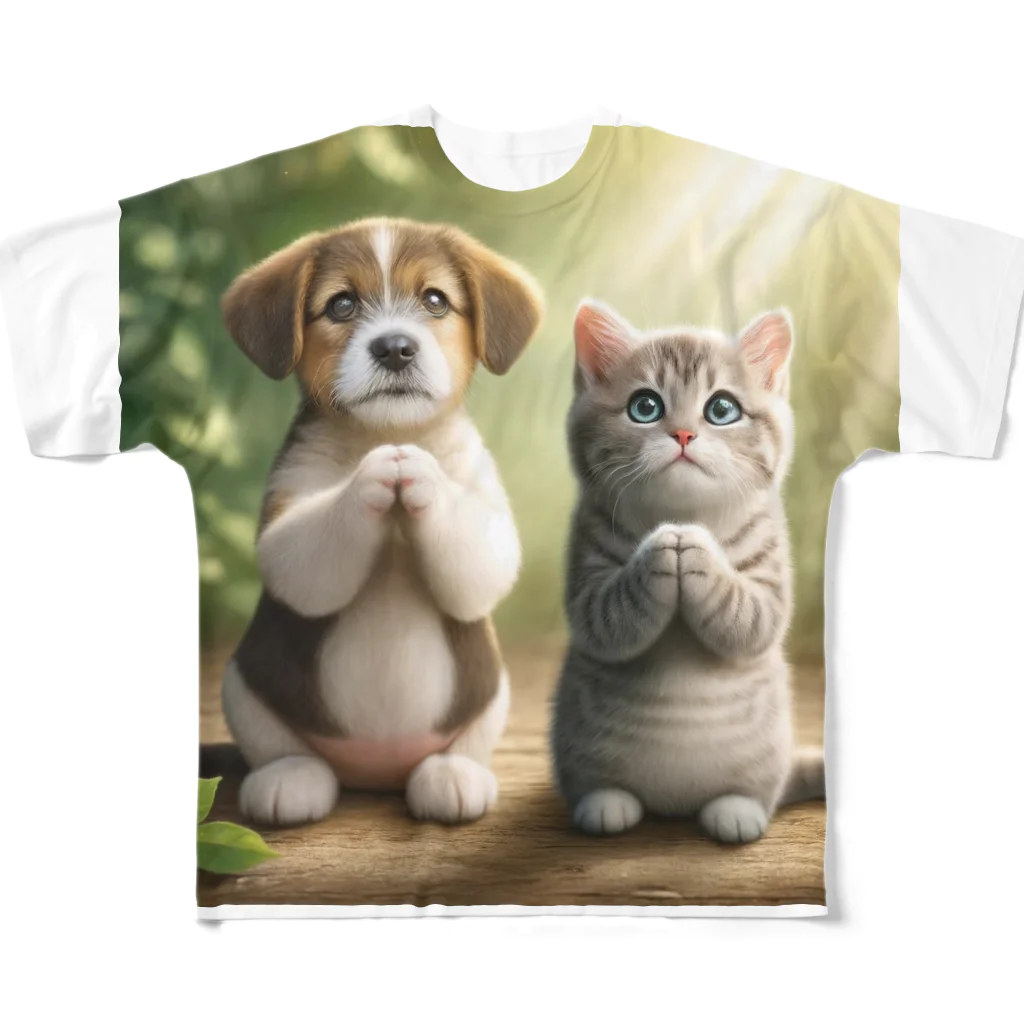 亀蘭タマムシの犬猫お願い、木漏れ日 フルグラフィックTシャツ