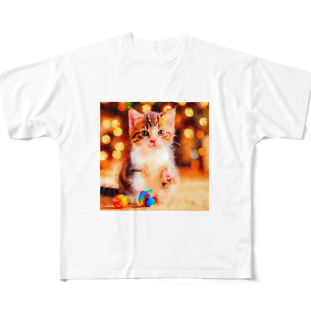 猫好きの谷の猫の水彩画/キジシロねこのイラスト/おもちゃで遊ぶキジ白ネコ All-Over Print T-Shirt