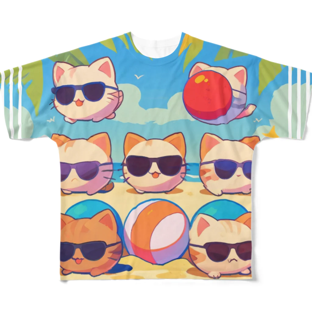 chibi_hikariのビーチで遊ぶ猫たち All-Over Print T-Shirt