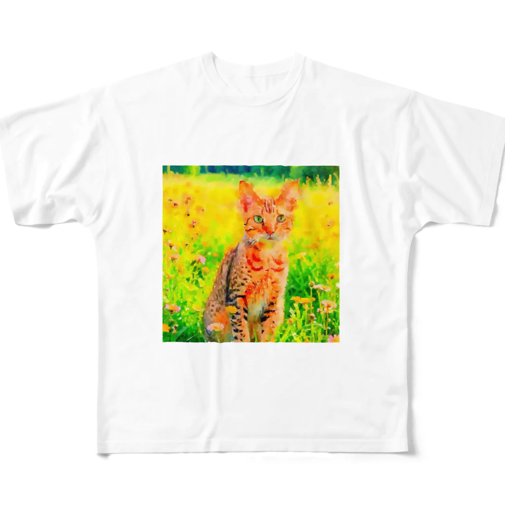 猫好きの谷の猫の水彩画/花畑のオシキャットねこのイラスト/キジトラネコ All-Over Print T-Shirt