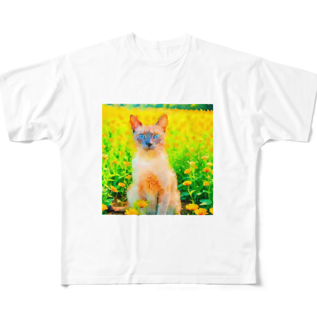 猫好きの谷の猫の水彩画/花畑のトンキニーズねこのイラスト/ポイントネコ All-Over Print T-Shirt