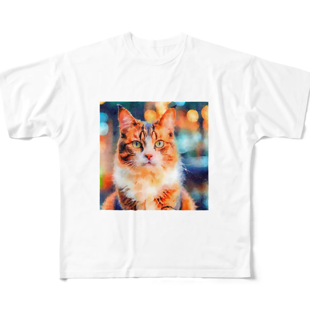 猫好きの谷の猫の水彩画/キジトラねこのイラスト フルグラフィックTシャツ