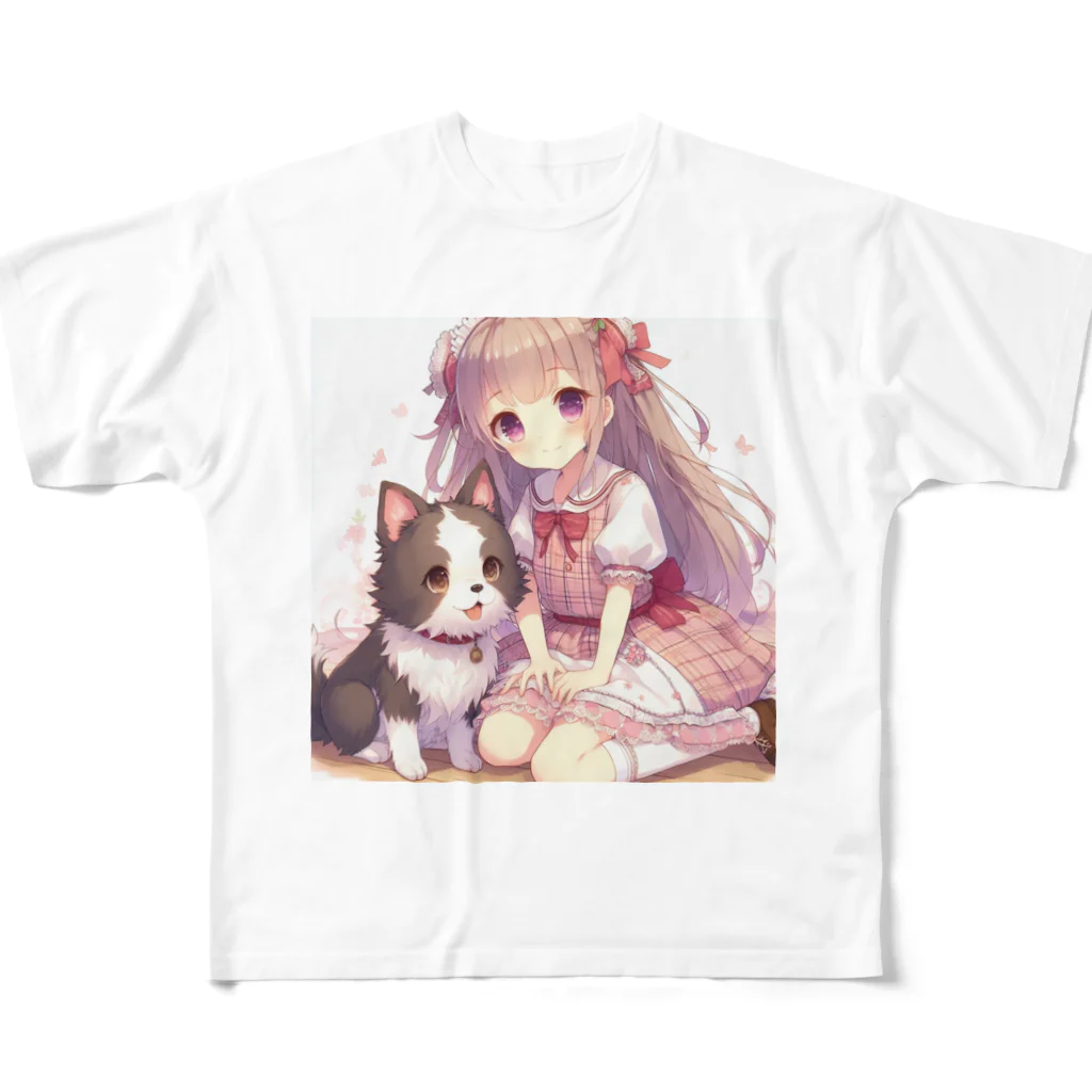 ウツボちゃんの可愛い犬とじゃれ合う女の子 フルグラフィックTシャツ