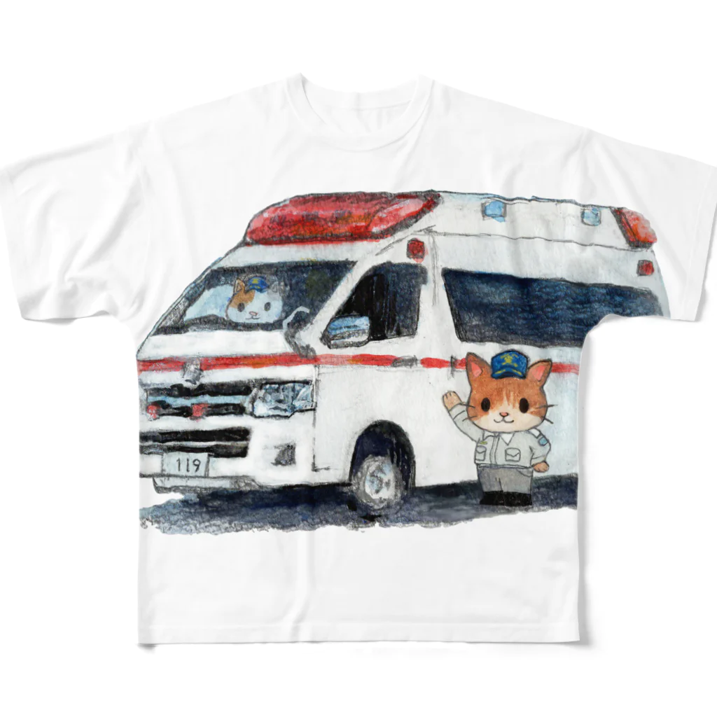 消防 と ねこちゃんの救急車と救急隊のにゃんこ All-Over Print T-Shirt