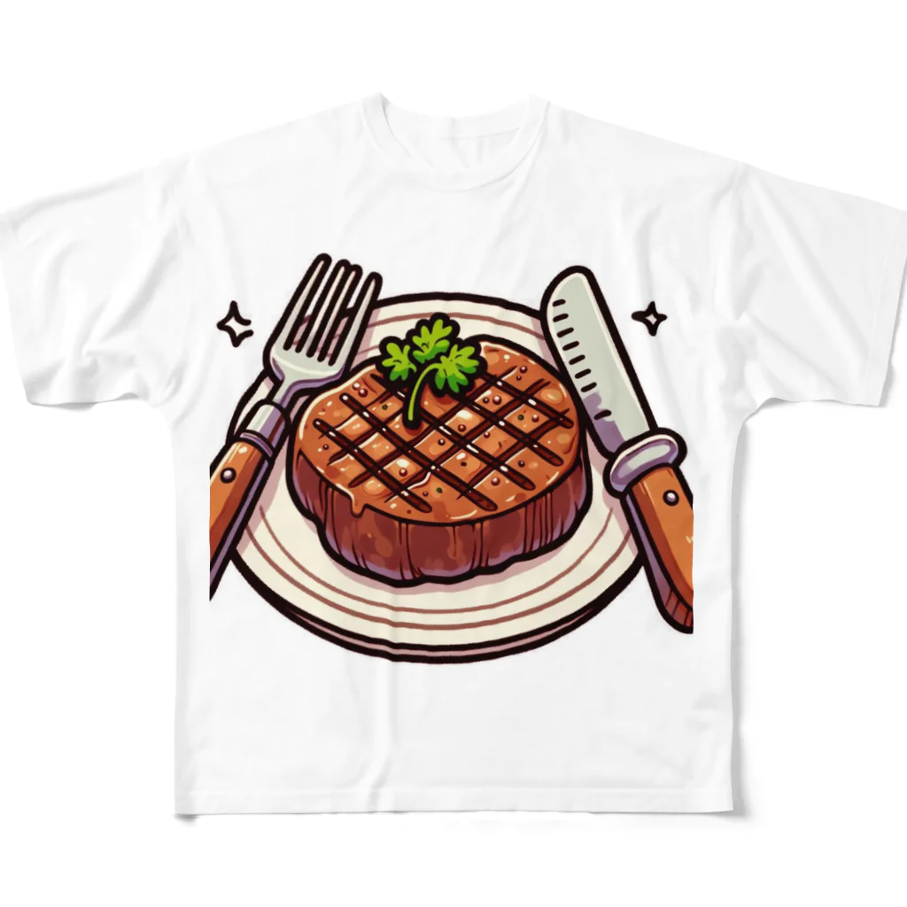 jojo-のステーキ フルグラフィックTシャツ