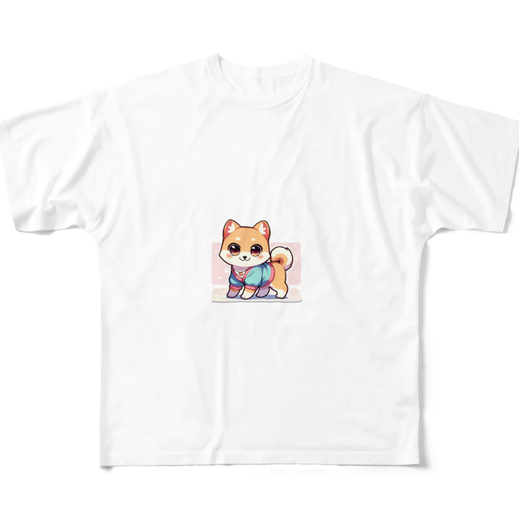 柴犬LOVEのキュートな柴犬キャラクターのマスコット フルグラフィックTシャツ