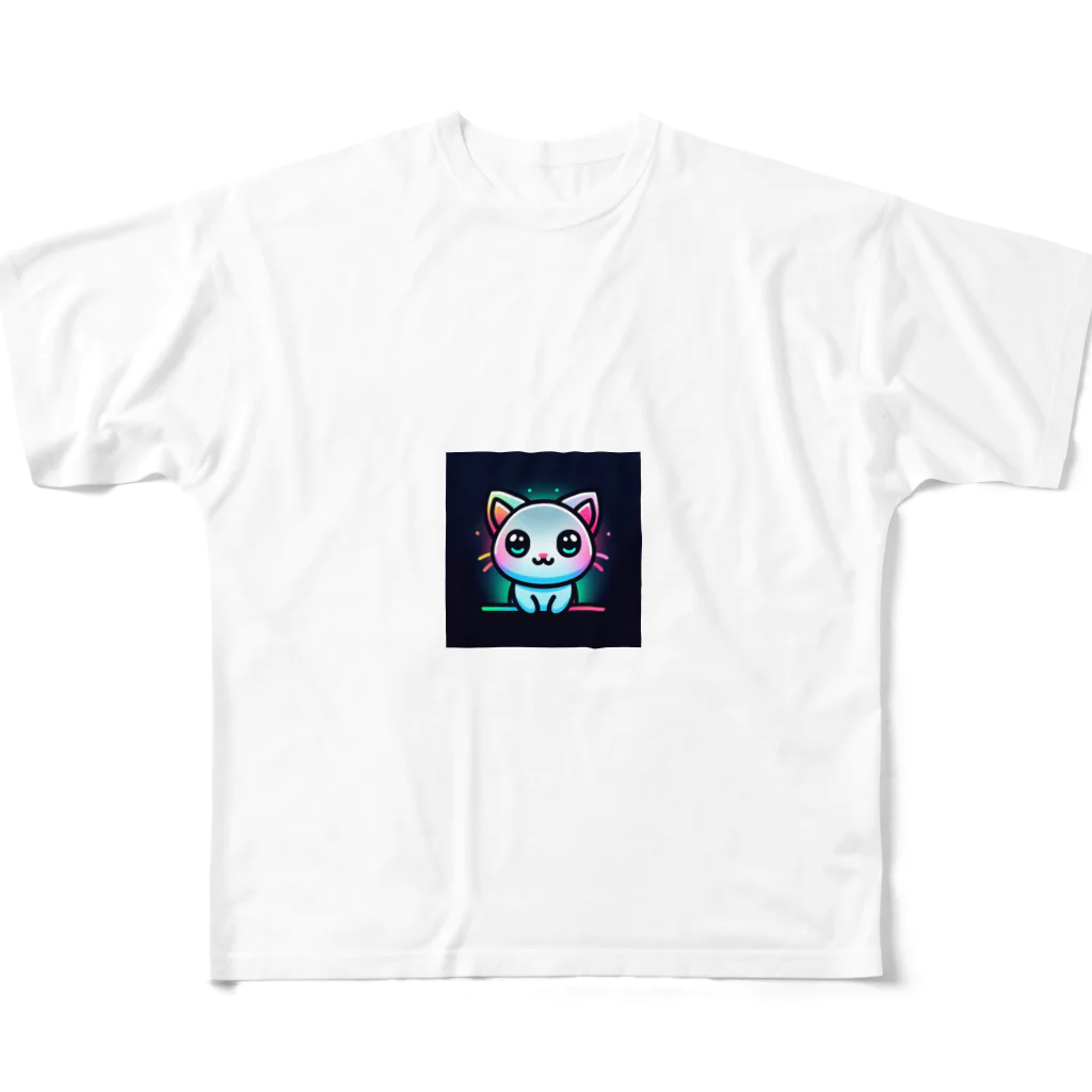 キャピキャピのネオン系の可愛い猫 フルグラフィックTシャツ