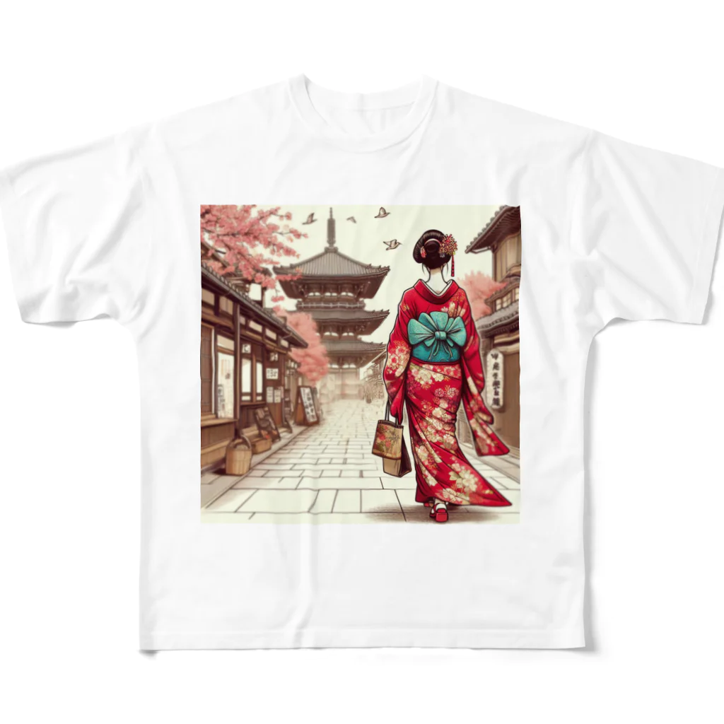 yuchijapanの京都を歩く着物美人イラスト All-Over Print T-Shirt