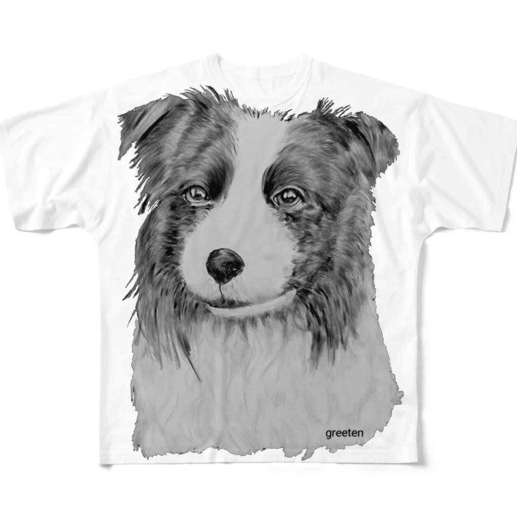 greetenのボーダーコリー　アート犬モノクロ フルグラフィックTシャツ