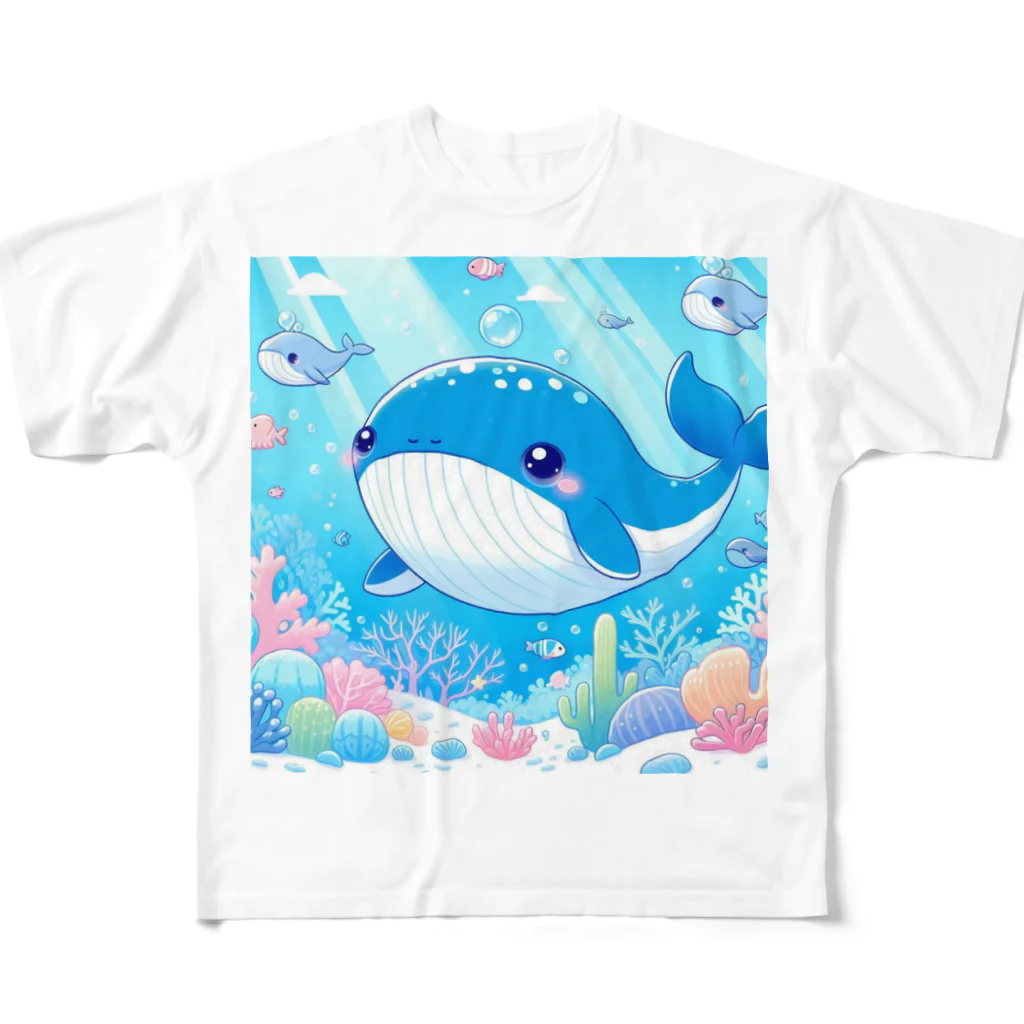 ハートフルの愛らしいクジラさん癒しグッズ フルグラフィックTシャツ