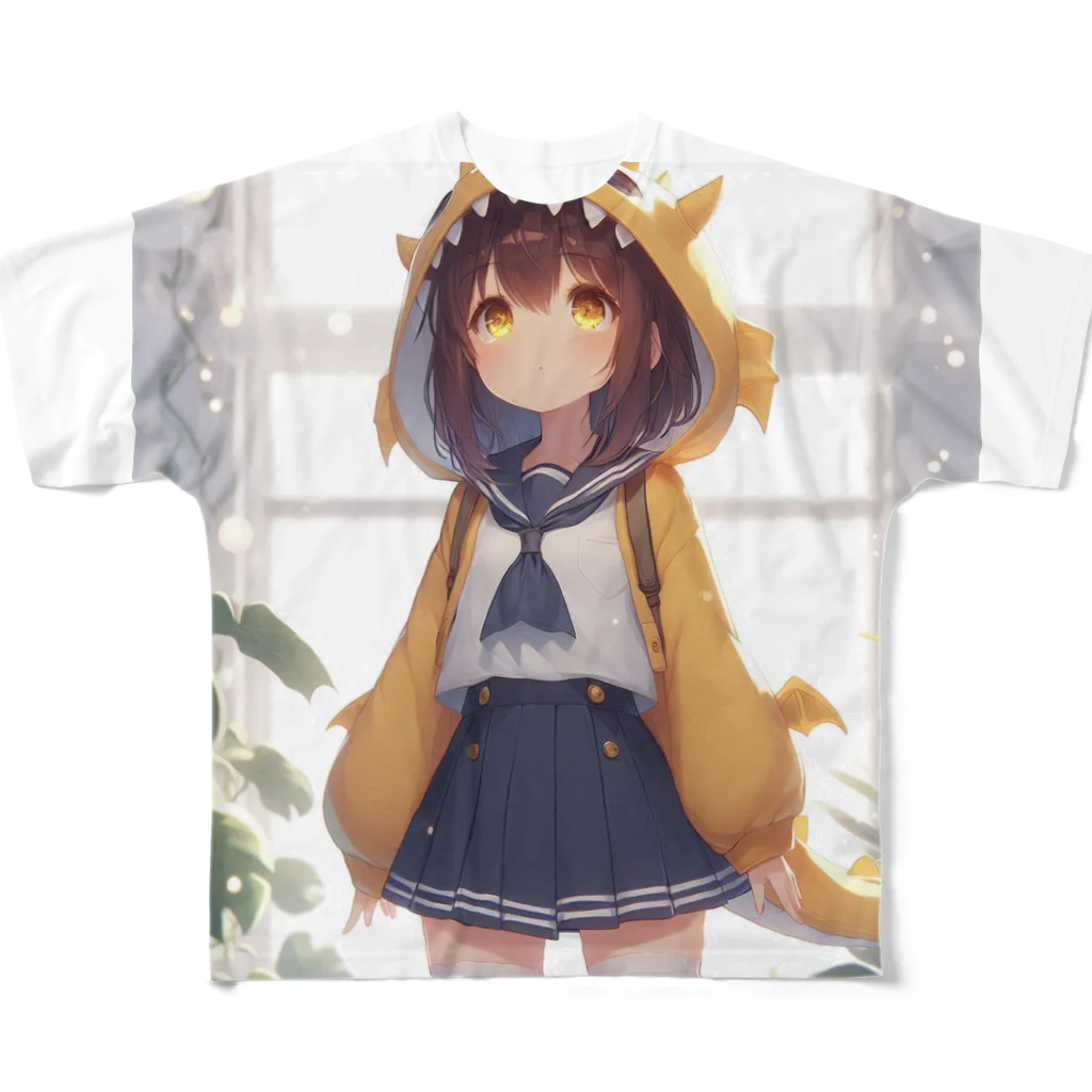 dramusumeの温ドラ娘！イエロー フルグラフィックTシャツ