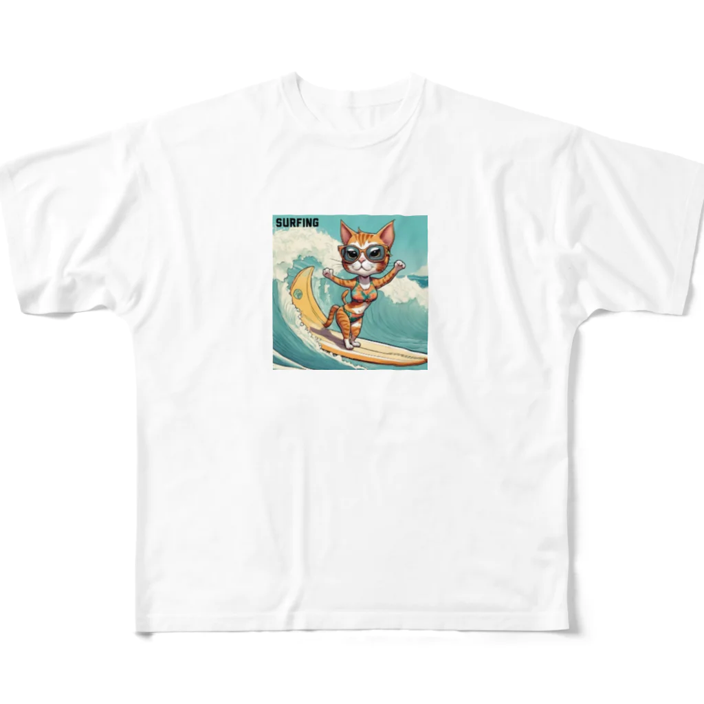 ハワイライフのSURFING猫（女の子バージョン） フルグラフィックTシャツ