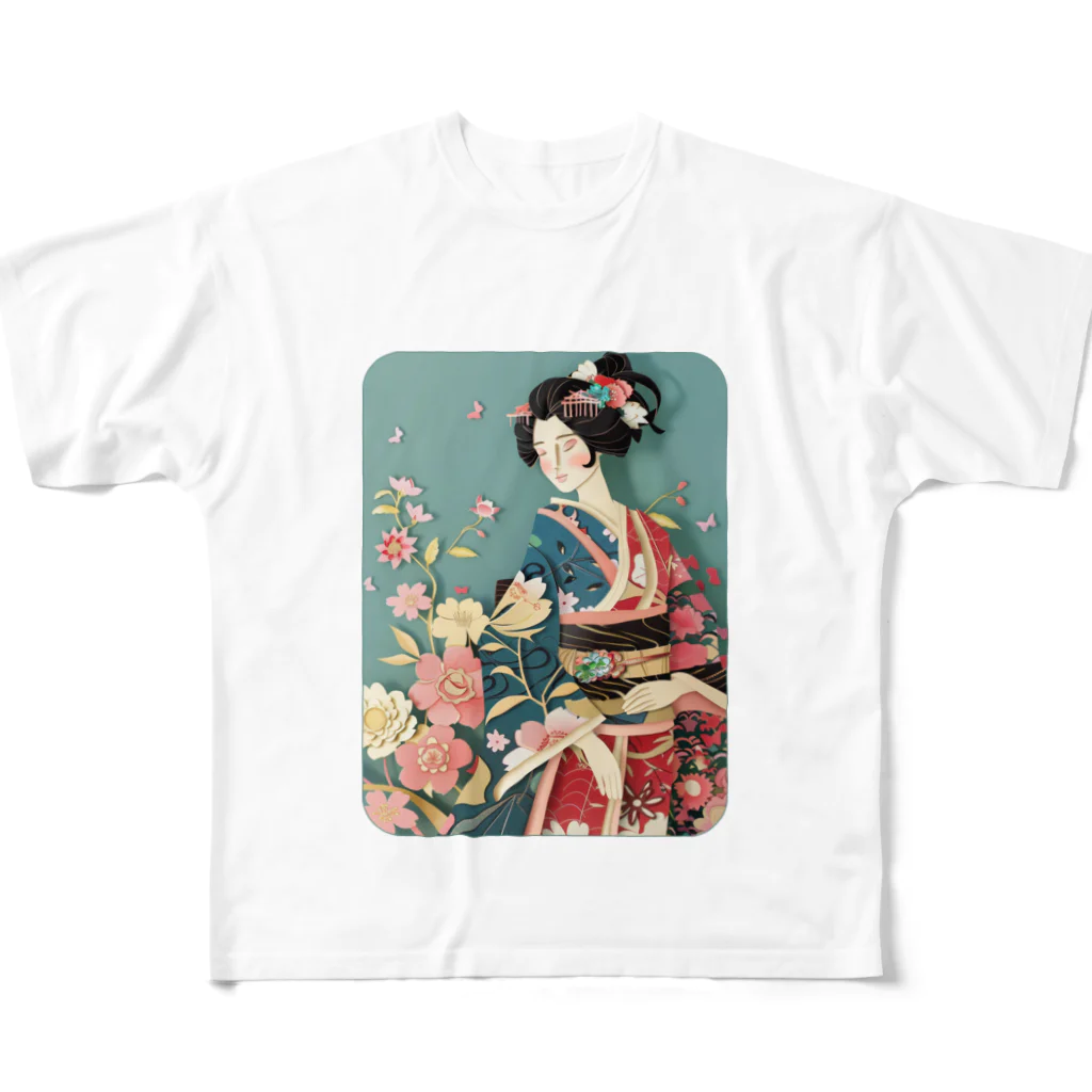 MistyStarkの着物女性の切り絵アート　―　Kimono woman paper-cutting art　ー All-Over Print T-Shirt