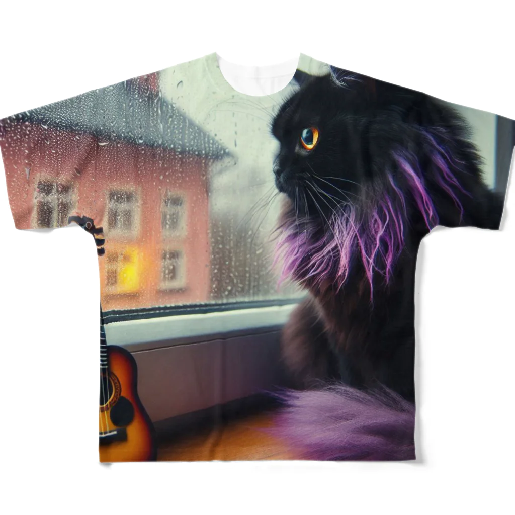 momonekokoの雨とギターと猫 フルグラフィックTシャツ