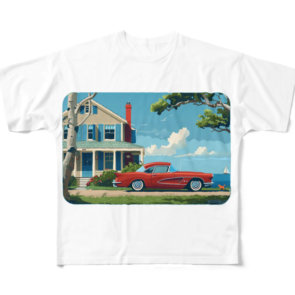 MistyStarkの赤いコルベットと海辺の家　－　red corvette and seaside house　－ フルグラフィックTシャツ