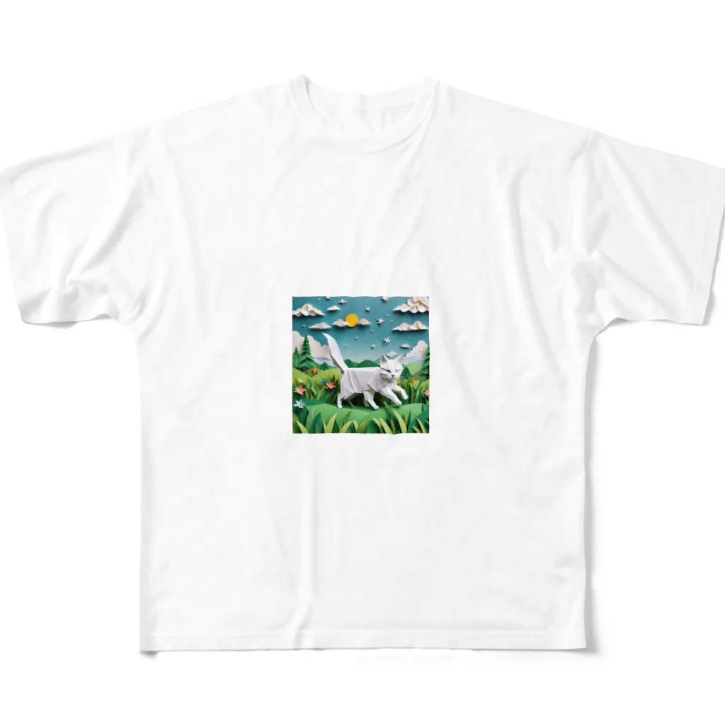 enercoの折り紙　草原を駆け回っている猫 All-Over Print T-Shirt