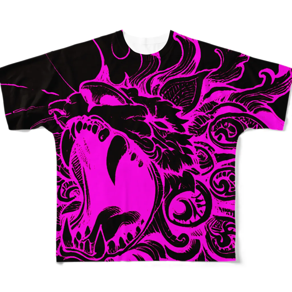kumainchouのLion 闇　ピンク フルグラフィックTシャツ