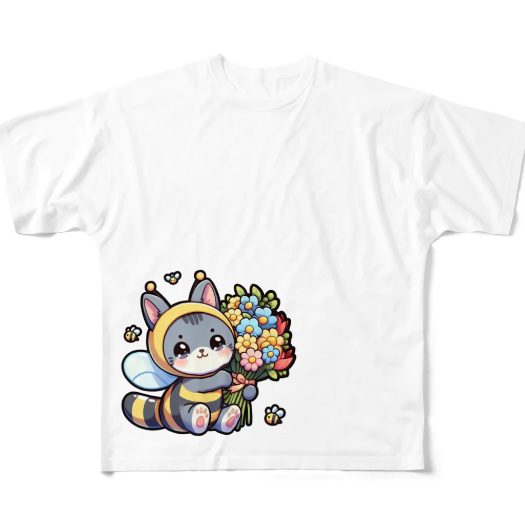 きぐるみあにまるず！の花束きぐるみネコ フルグラフィックTシャツ