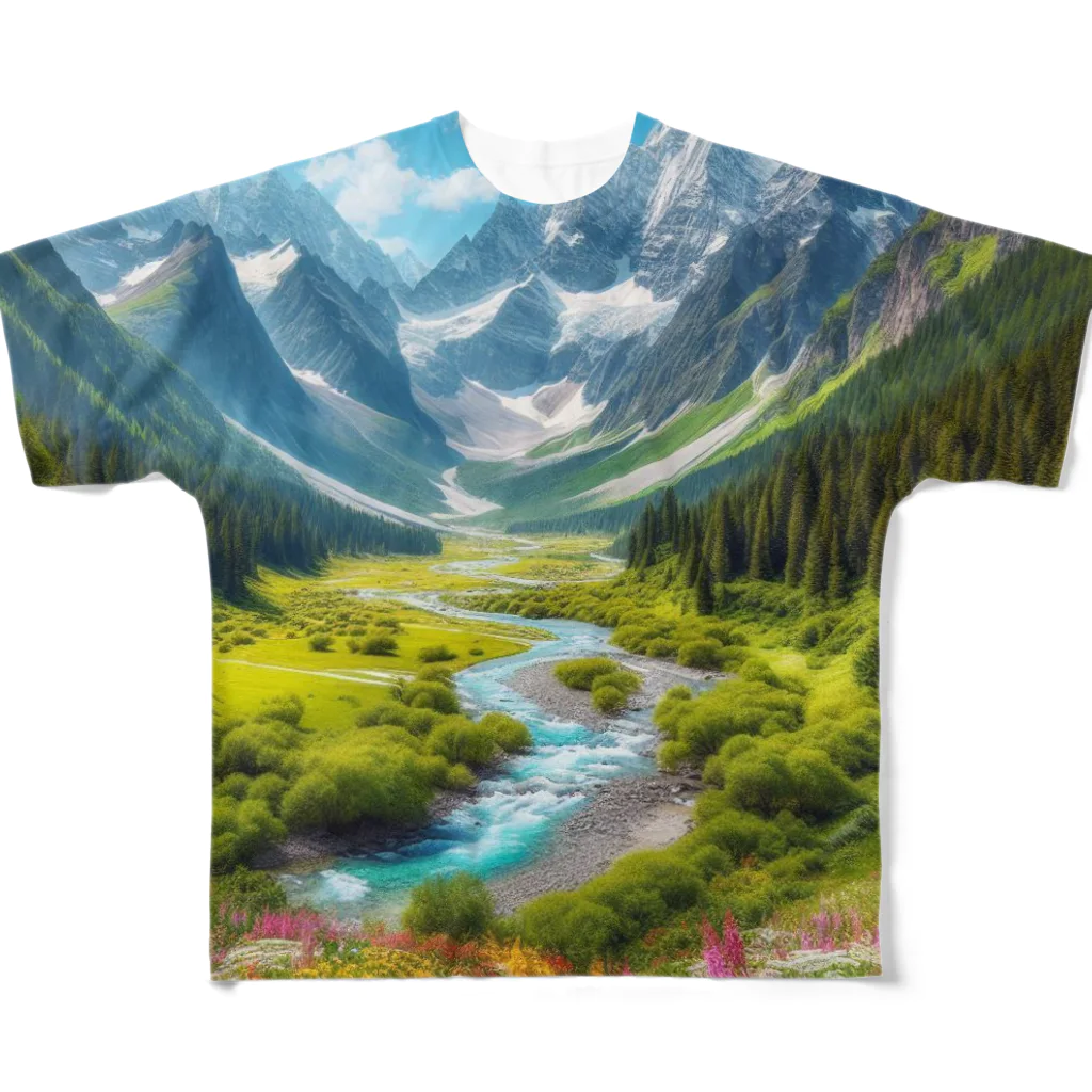 130Saitohの山間の風景 フルグラフィックTシャツ