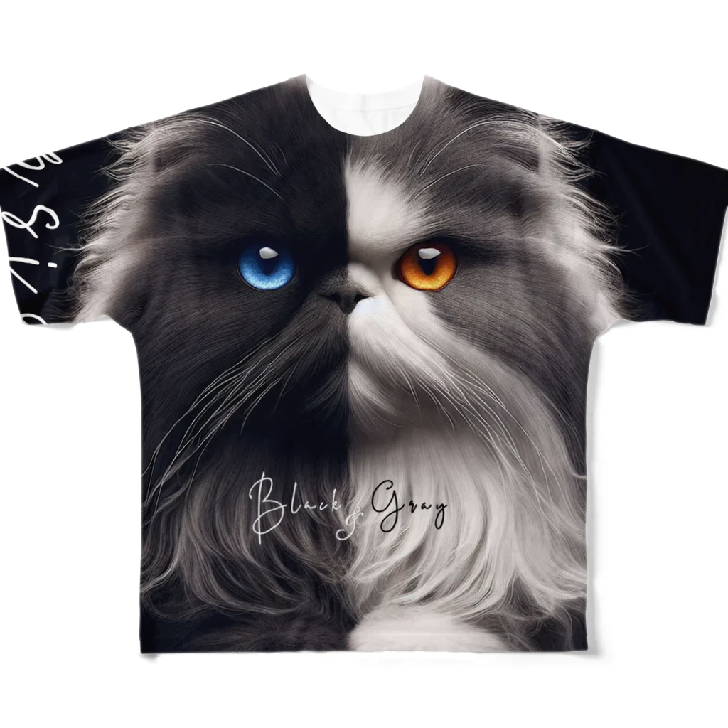 PALA's SHOP　cool、シュール、古風、和風、のPersian cat　Black&Gray All-Over Print T-Shirt