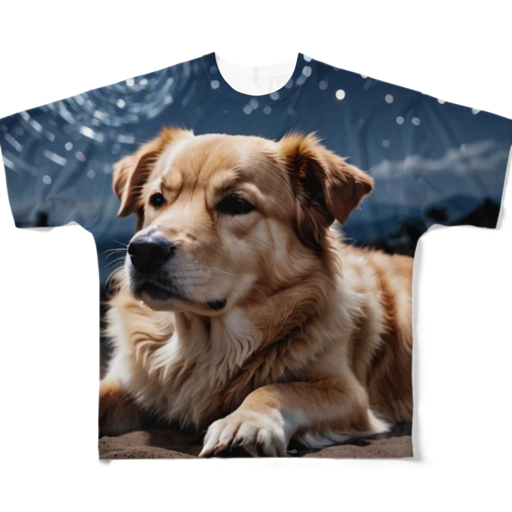 kaerinofficeの夜の静寂に包まれた写真には、一匹の夜行性の犬が佇んでいます。 フルグラフィックTシャツ