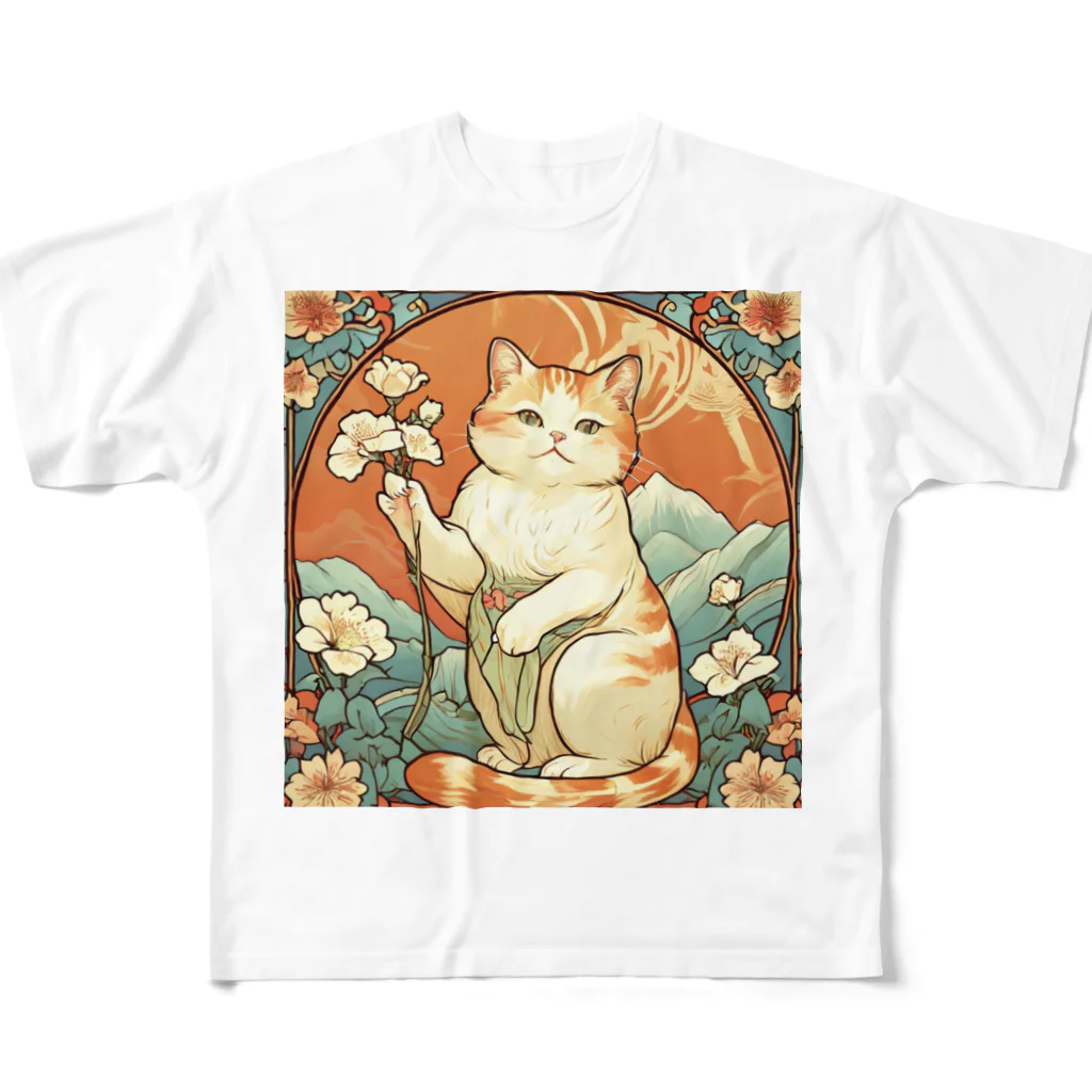 ゆまちゃんの開運雑貨屋さんの幸運を招いてない猫。花を持ってるだけよね フルグラフィックTシャツ