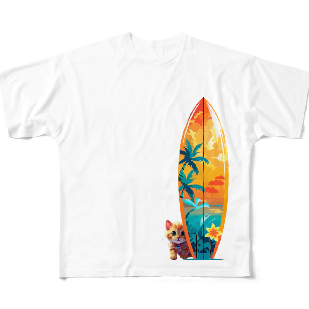 Mellow-Skyのひょっこり猫サーファー All-Over Print T-Shirt