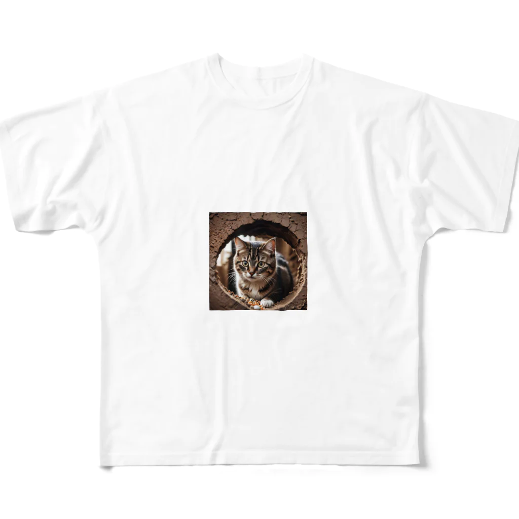 zigerparkの穴から覗く猫 フルグラフィックTシャツ