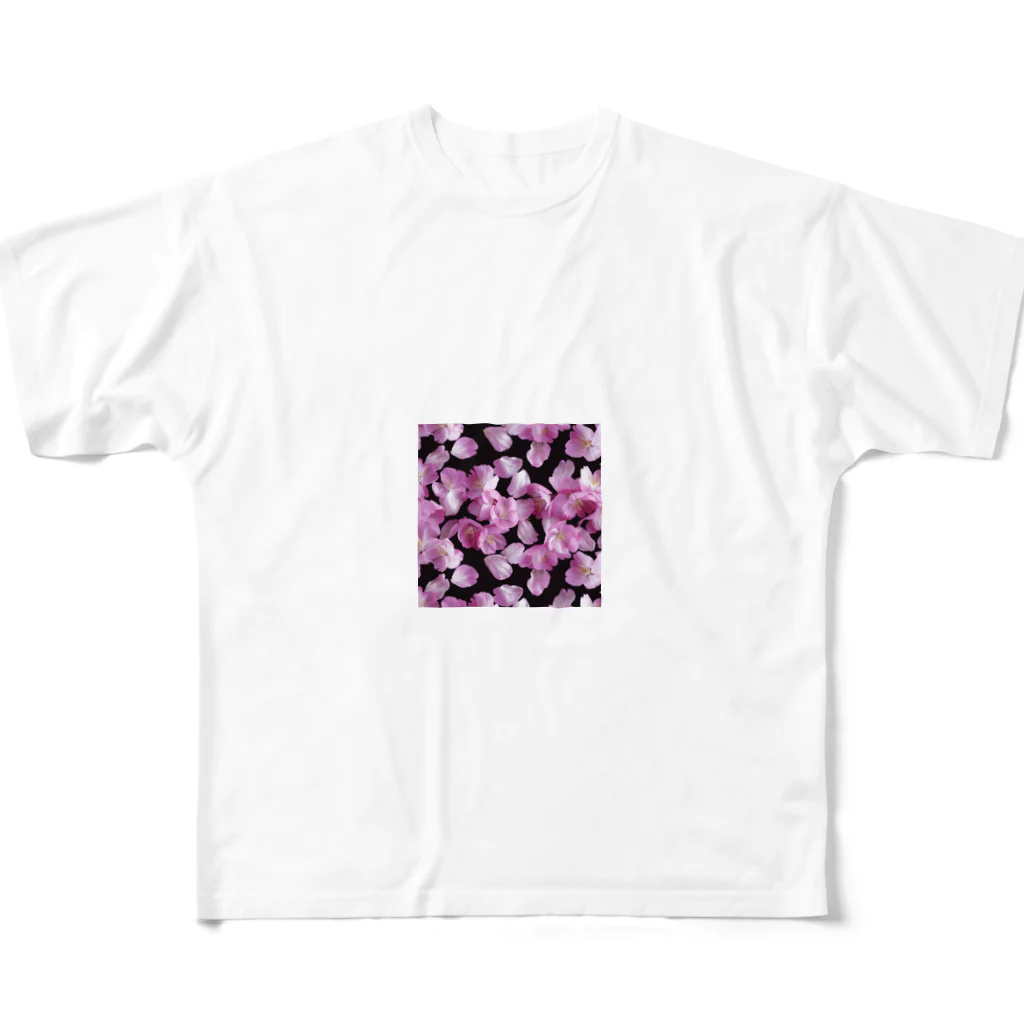 オンラインショップイエローリーフのピンクの花　鮮やか フルグラフィックTシャツ