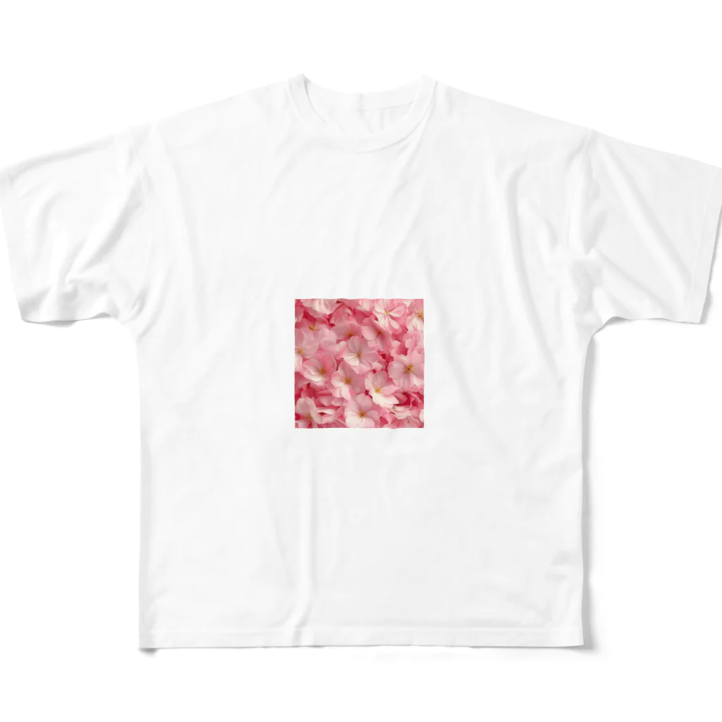 オンラインショップイエローリーフのピンクの花　鮮やか フルグラフィックTシャツ