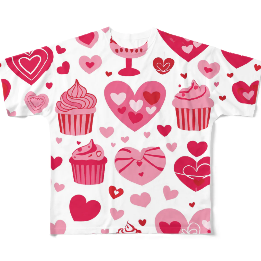 オンラインショップイエローリーフのハート　ピンク　赤　可愛い　ケーキ フルグラフィックTシャツ