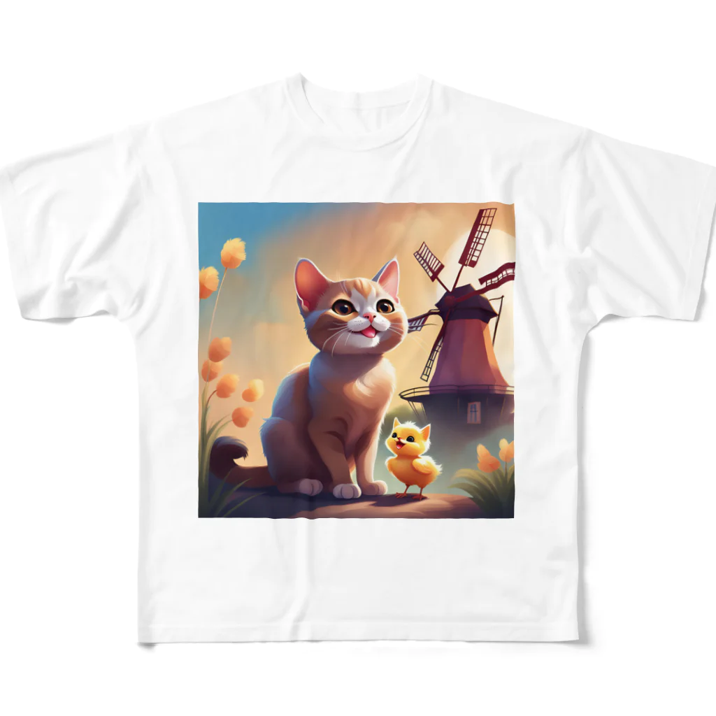 HanaCatStudioのかわいい猫とひよこさん！？はお友達 All-Over Print T-Shirt