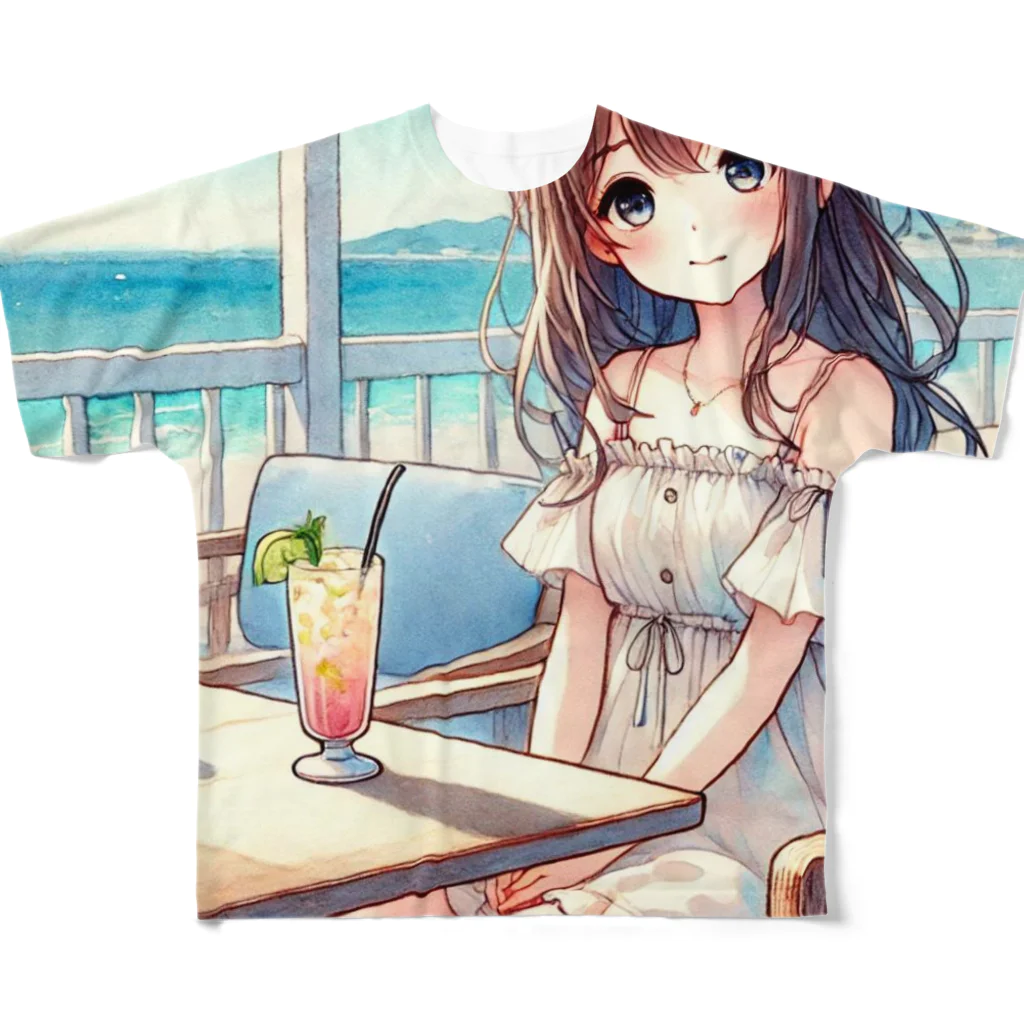 trypsin8080の浜辺のカフェで フルグラフィックTシャツ