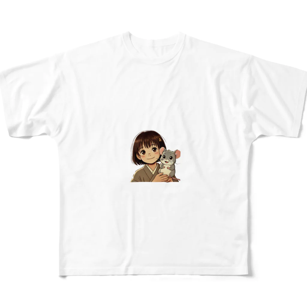aqua-roomのさくらと小さな子ネズミ - イラスト: さくらとタロウが一緒に微笑んでいる場面 All-Over Print T-Shirt