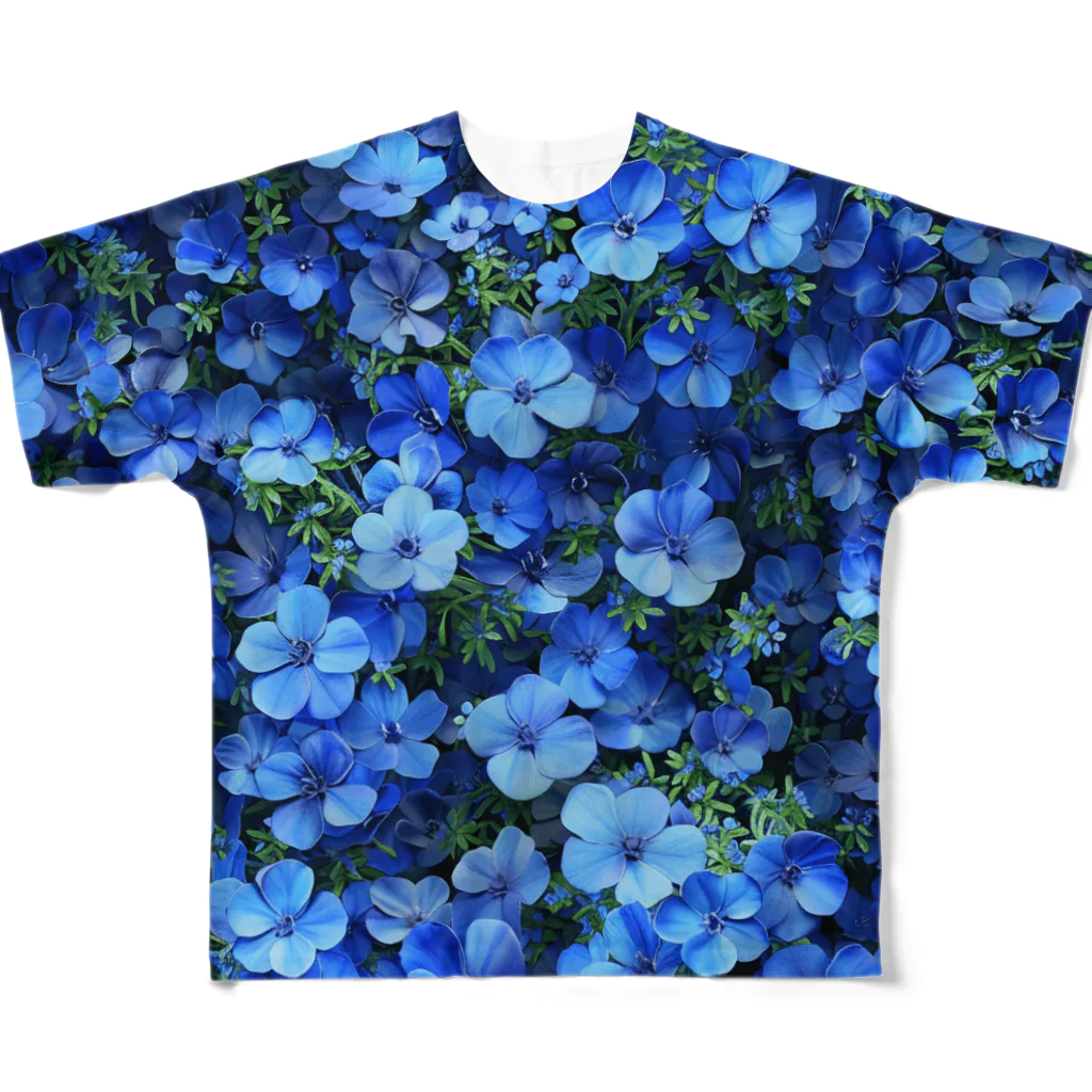 オンラインショップイエローリーフの鮮やかな青色の花　ネモフィラ フルグラフィックTシャツ