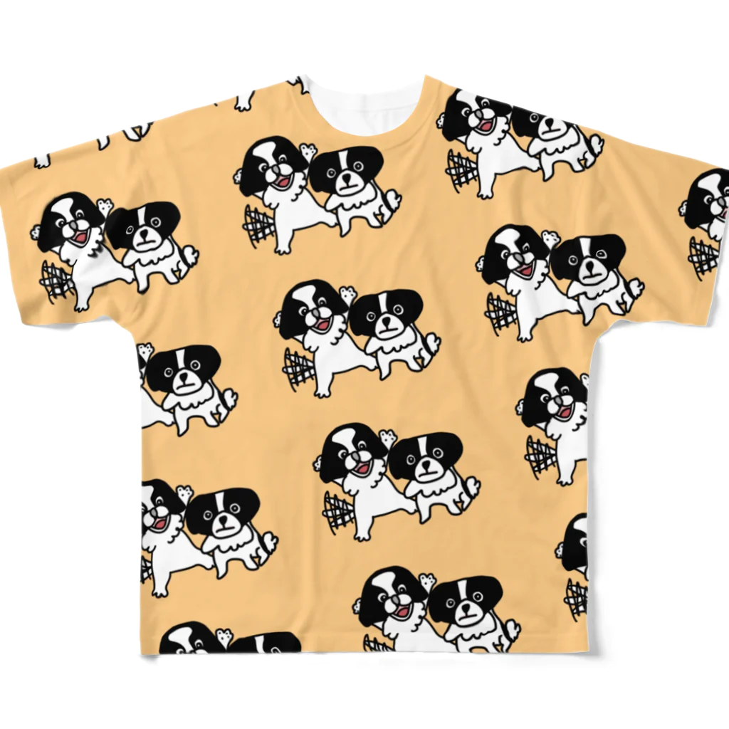 かもめちゃぁんの狆犬兄弟の手描きイラスト フルグラフィックTシャツ