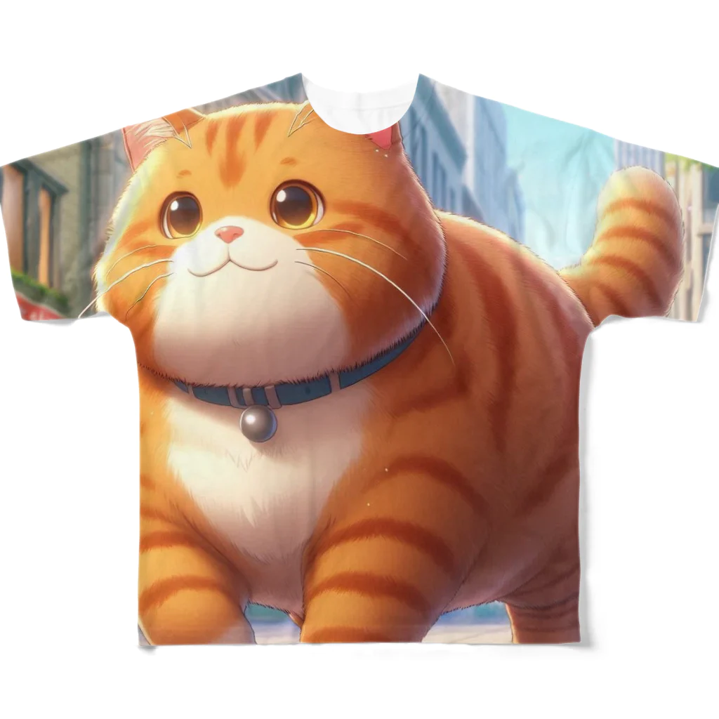 レールファン&スピリチュアルアイテムショップのデブ猫 フルグラフィックTシャツ