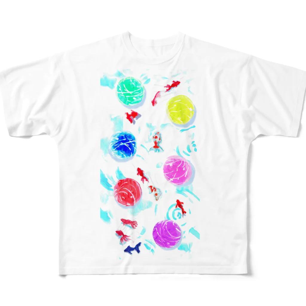 犬張子さんのお店の金魚と水風船 All-Over Print T-Shirt