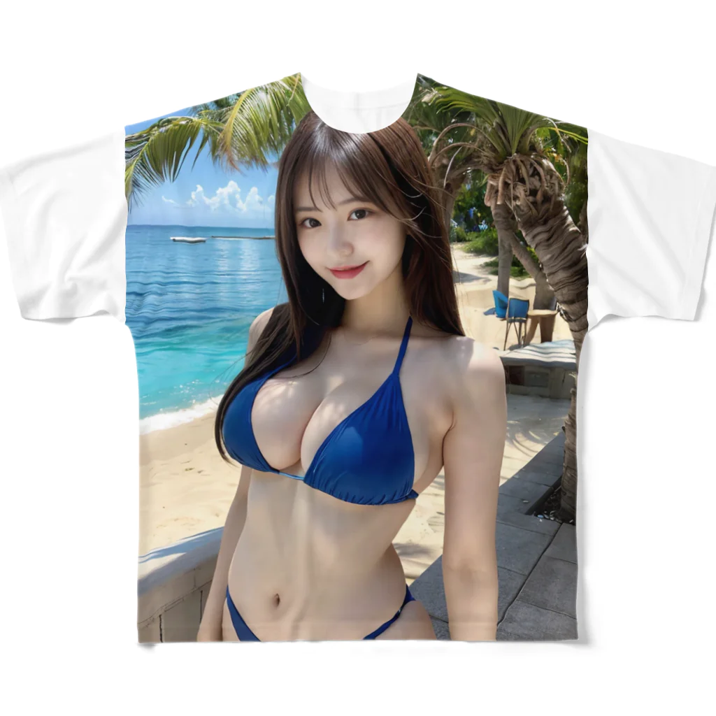 AI美女ワールドの青ビキニ フルグラフィックTシャツ