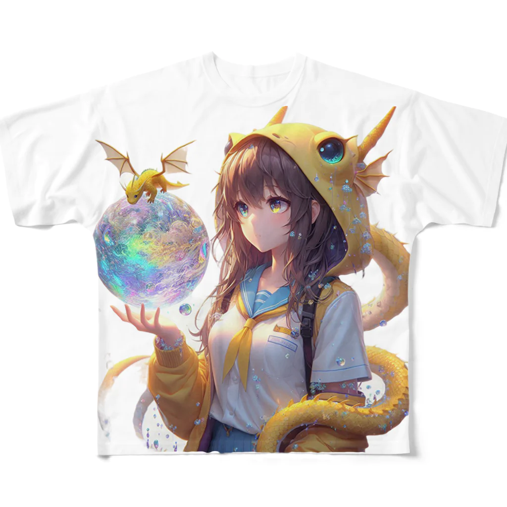 dramusumeのオーブをのぞくドラ娘 フルグラフィックTシャツ