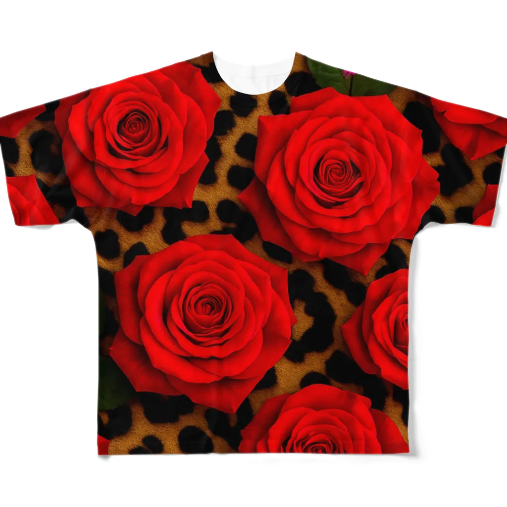 Rococo-Rose-Palace🌹✨️の赤い薔薇🌹✨️華麗なるヒョウ柄 All-Over Print T-Shirt